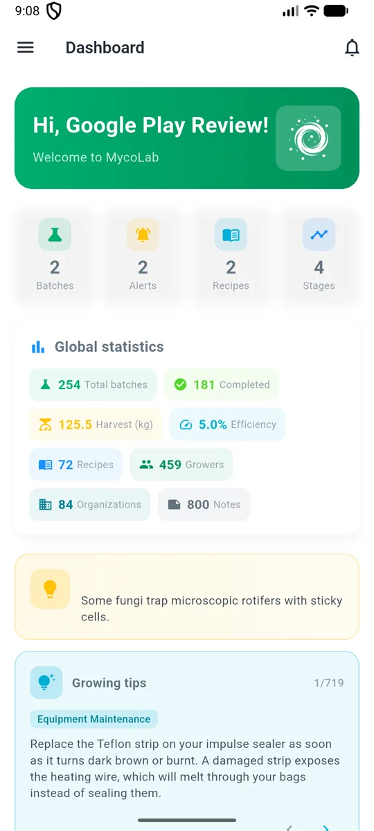 SporeXpert MycoLab: tablero con lotes, alertas y estadísticas