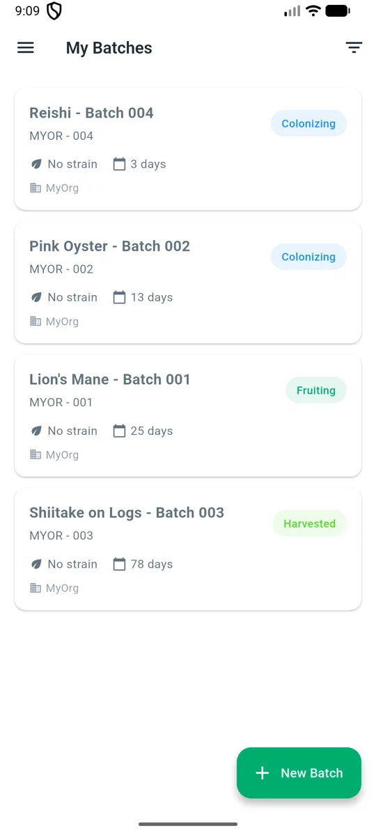 SporeXpert MycoLab: lista de lotes por fase