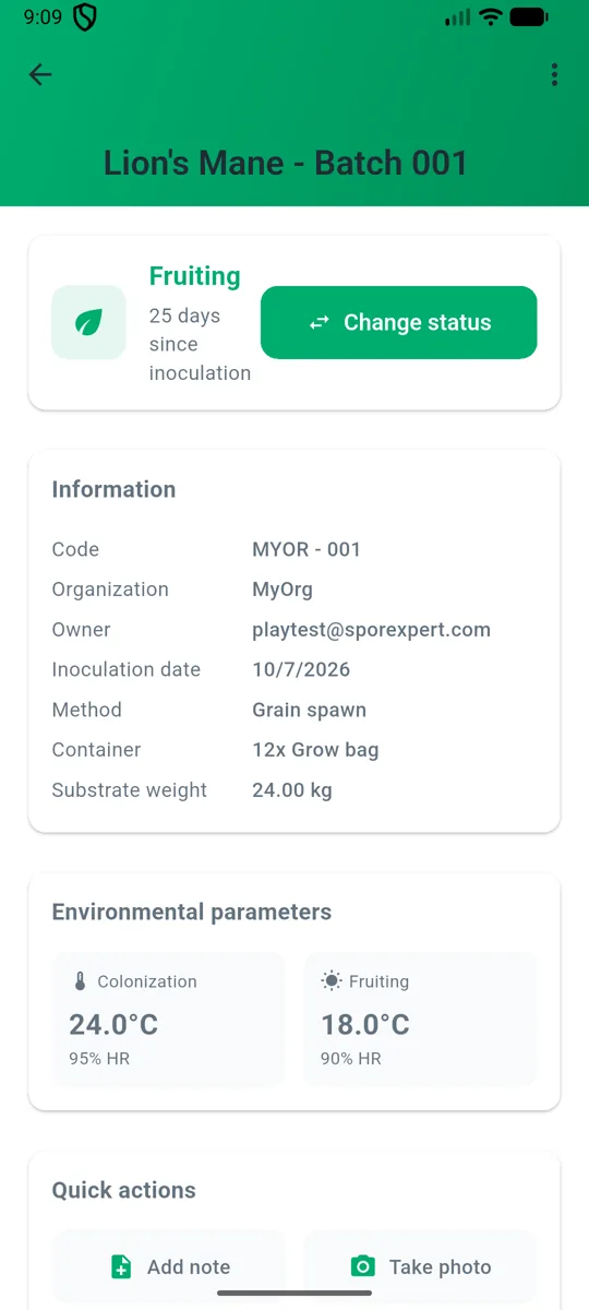 SporeXpert MycoLab: detalle de un lote